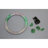 A Chinese jade bangle and two small jade carvings