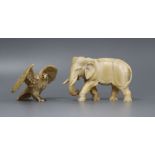 A Japanese ivory model of an eagle and another of an elephant, early 20th century 6cm and 7.5cm