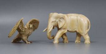 A Japanese ivory model of an eagle and another of an elephant, early 20th century 6cm and 7.5cm