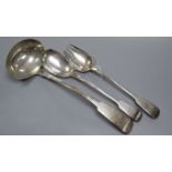 A pair of William IV silver fiddle pattern salad servers, London 1836, Mary Chawner and a similar