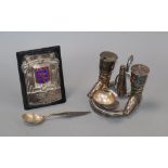 A silver football plaque, a WMF spoon and novelty plated hunting cruet