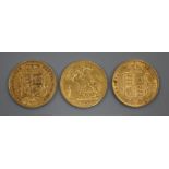 Three Victorian gold half sovereigns, 1885/3, VF, 1892 GVF and 1899, GF