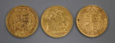 Three Victorian gold half sovereigns, 1885/3, VF, 1892 GVF and 1899, GF