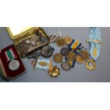 A collection of military medals and cap badges