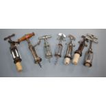 Seven French steel corkscrews, late 19th/early 20th century, including five flynut examples and