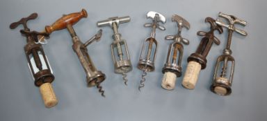 Seven French steel corkscrews, late 19th/early 20th century, including five flynut examples and