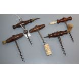 Five 19th century steel and rosewood handled corkscrews, one stamped 'P.& O.S.N. Co'. for Peninsular