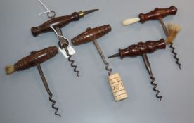 Five 19th century steel and rosewood handled corkscrews, one stamped 'P.& O.S.N. Co'. for Peninsular