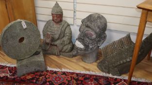 A garden figure of Buddha, fish, tribal head and sculpture (4)