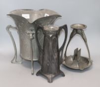 An Art Nouveau Kayserzinn cicada candlestick, large pewter jardiniere and a vase tallest 31cm