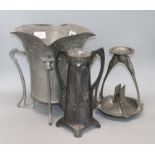 An Art Nouveau Kayserzinn cicada candlestick, large pewter jardiniere and a vase tallest 31cm