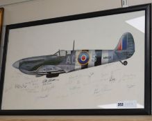 A colour print of a Spitfire, autographed by numerous Battle of Britain pilots, 37 x 68cm