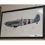 A colour print of a Spitfire, autographed by numerous Battle of Britain pilots, 37 x 68cm
