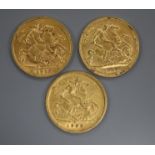 Three Edward VII/George V gold half sovereigns, 1903, VF, 1906S, VF, and 1913 NVF