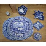 A blue and white pickle leaf, various plates, a platter etc.