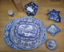 A blue and white pickle leaf, various plates, a platter etc.