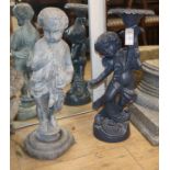 A cast iron putti bird bath and similar garden statue H.approx. 62cm