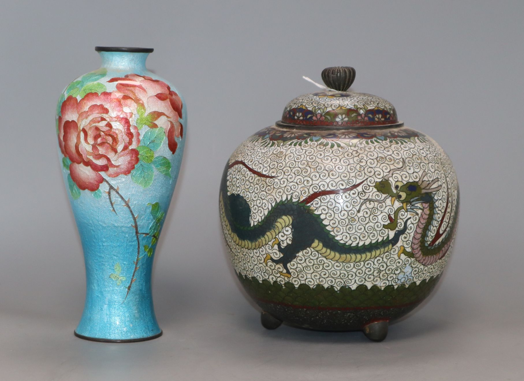 A cloisonne floral decorated vase and a dragon jar and cover tallest 18.5cm