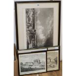 A collection of black and white prints, including a mezzotint by Norman Hirst (1862-1956) after Cox,