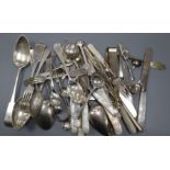 A George III Scottish silver marrow scoop, a pair of fiddle pattern table spoons, a Russian 84