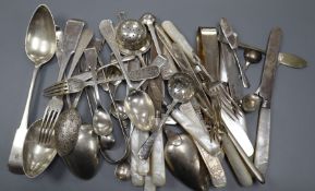 A George III Scottish silver marrow scoop, a pair of fiddle pattern table spoons, a Russian 84