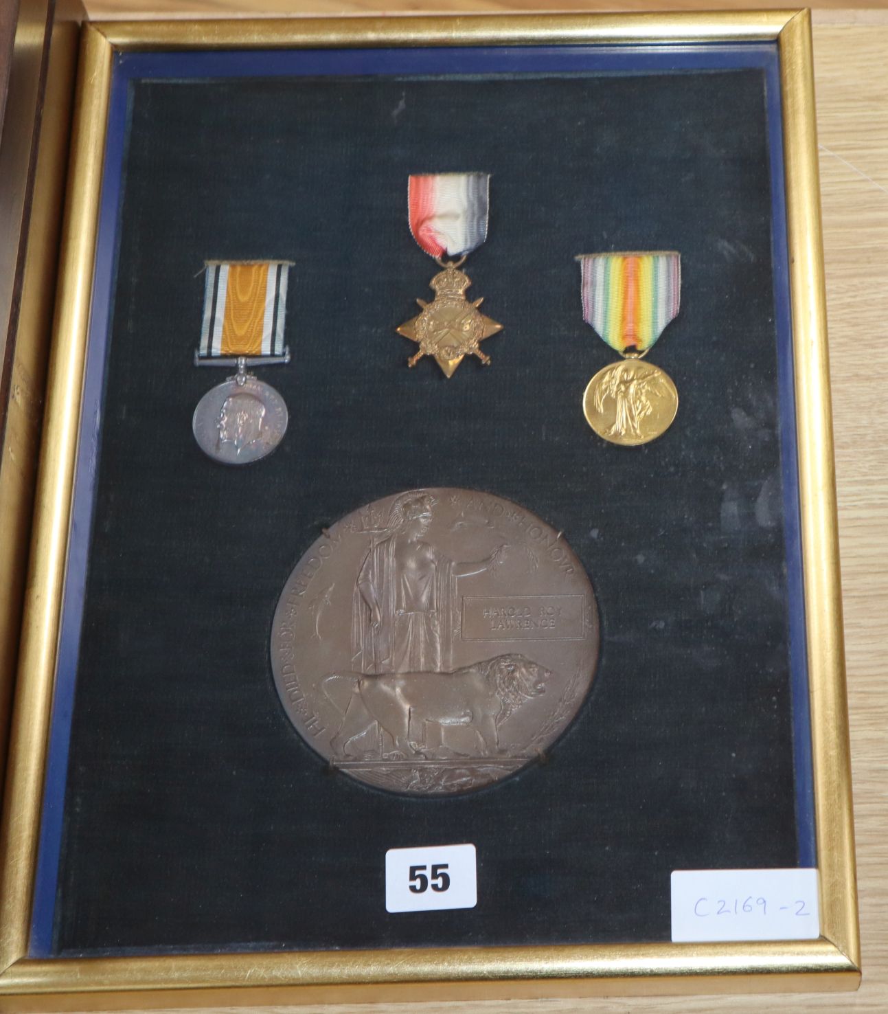 A WWI group of three with death plaque to 2nd Lieut. Harold Roy Lawrence