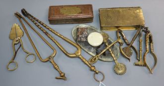 Two 18th century Dutch tobacco boxes and Georgian brass implements, to include two pairs of nut