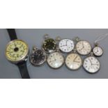 A NATO issue diver's watch, seven assorted pocket watches including Jaeger military and a fob