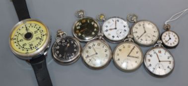 A NATO issue diver's watch, seven assorted pocket watches including Jaeger military and a fob