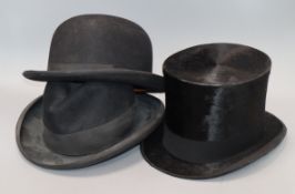 A top hat by Herbert Johnson, a bowler hat, a trilby and a collection of stiff collars