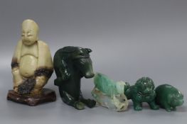 A Chinese jadeite figure of a cricket, early 20th century, 5.5cm, together with three aventurine