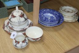 An Orange Tree Crown Ducal teapot, cream jug and sugar bowl and three plates, Spode Italian fruit