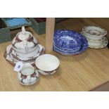 An Orange Tree Crown Ducal teapot, cream jug and sugar bowl and three plates, Spode Italian fruit