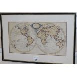 A coloured engraved 19th century map of the World, 28 x 52cm