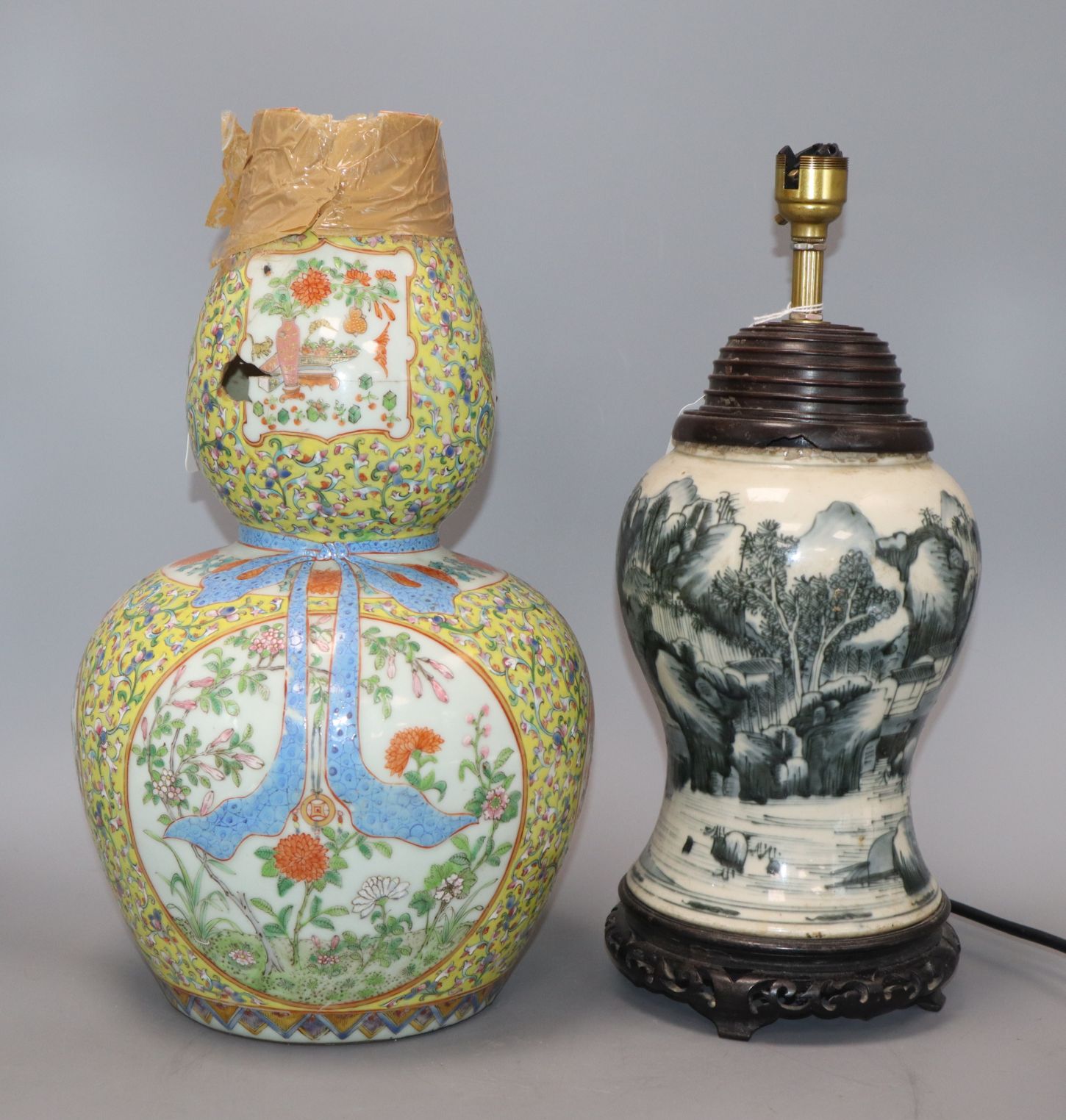 A Chinese Kangxi period blue and white vase, converted to a lamp and a 19th century Chinese