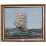 John Noble, oil on canvas board, Three master at sea, signed, 40 x 50cm