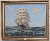 John Noble, oil on canvas board, Three master at sea, signed, 40 x 50cm