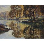 Roland Ossary Dunlop (1894-1973), oil on board, 'Autumn river landscape', signed, 35 x 45cm
