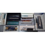 A collection of assorted fountain pens 2 x Parker blue marbled pen/pencil setsYard o Led box and