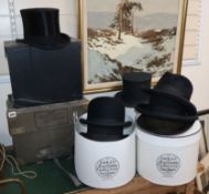 Three gentleman's top hats, two bowler hats, three trilbys and a quantity of shirts