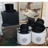 Three gentleman's top hats, two bowler hats, three trilbys and a quantity of shirts