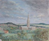 Sydney Maiden (1893-1963), oil on canvas, View of a cathedral town, signed and dated 1962, 51 x