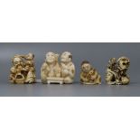 Four Japanese ivory netsuke, early 20th century, depicting figures and a shi-shi 3.2cm - 4.7cm