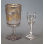 An 18th century air twist glass and gilt decorated glass tallest 17.5cm