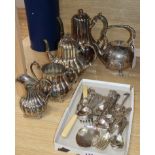 A four piece silver plated tea set, a teapot (without stand) and a quantity of mixed plated cutlery