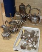 A four piece silver plated tea set, a teapot (without stand) and a quantity of mixed plated cutlery