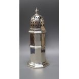 A George V octagonal silver lighthouse caster, marks rubbed, 17.5cm, 5oz.