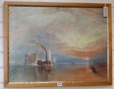 After J.M.W. Turner, oil on canvas, The Fighting Temeraire, 50 x 68cm