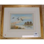 Robert W. Milliken (1920-2014) watercolour, Ducks flying over a lake, signed, 18 x 25cm