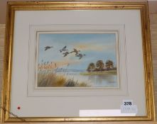 Robert W. Milliken (1920-2014) watercolour, Ducks flying over a lake, signed, 18 x 25cm